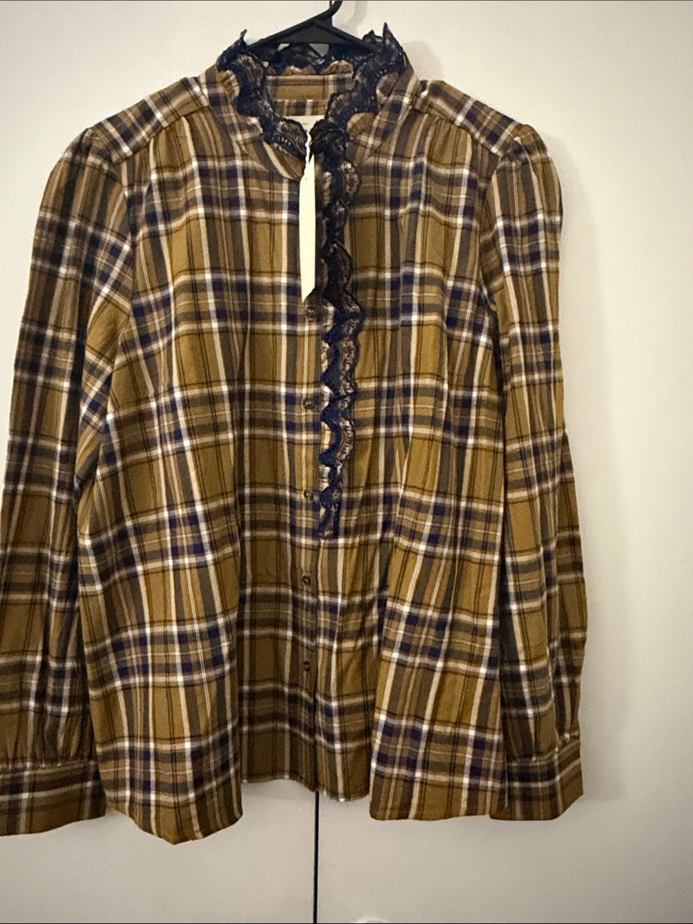 Sezane Mustard Plaid Lace-Trim Button-Up Blouse size 46